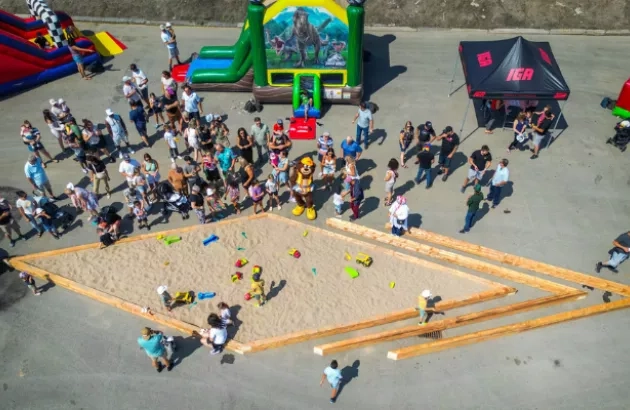Arial view of employees and their families at a company picnic event