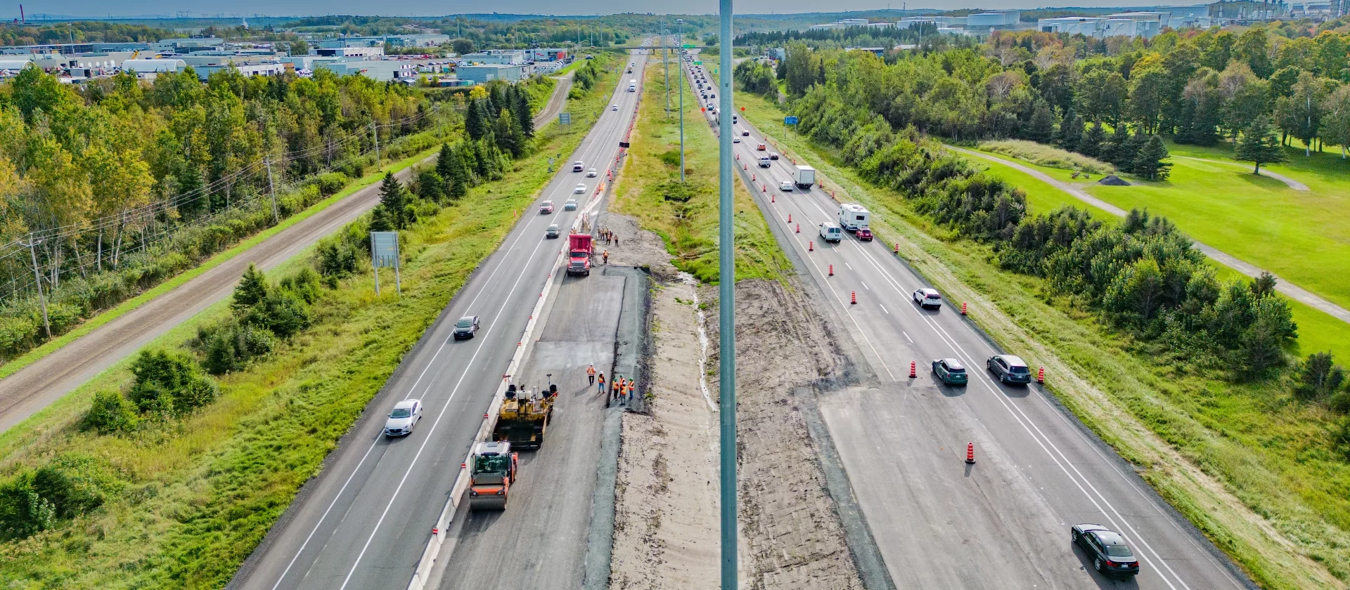 Arial view of Colas Quebec crews performing work on the widening of Highway 20.