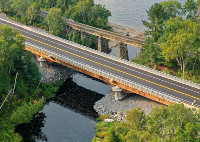 Arial view of the Duchensay Creek Bridge, connecting North Bay, Ontario to the Nipissing First Nation. 