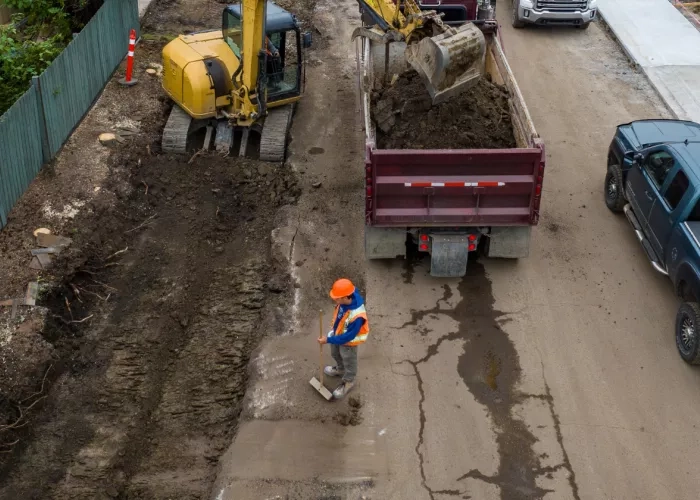 View of Standard General Edmonton crew performing road work in the Meyokumin neighbourhood of Edmonton.