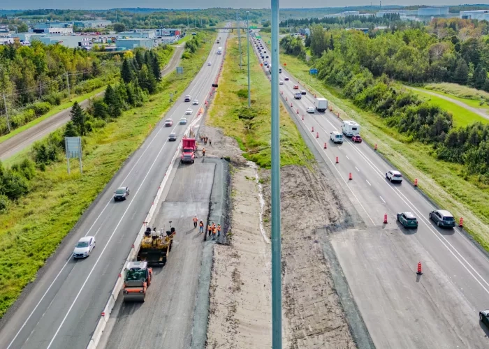 Arial view of Colas Quebec crews performing work on the widening of Highway 20.