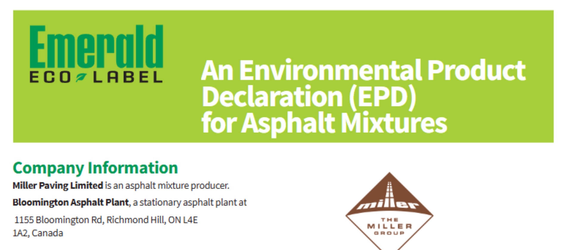 Sample of an Environmental Product Declaration from The Miller Group’s Bloomington Asphalt Plant.