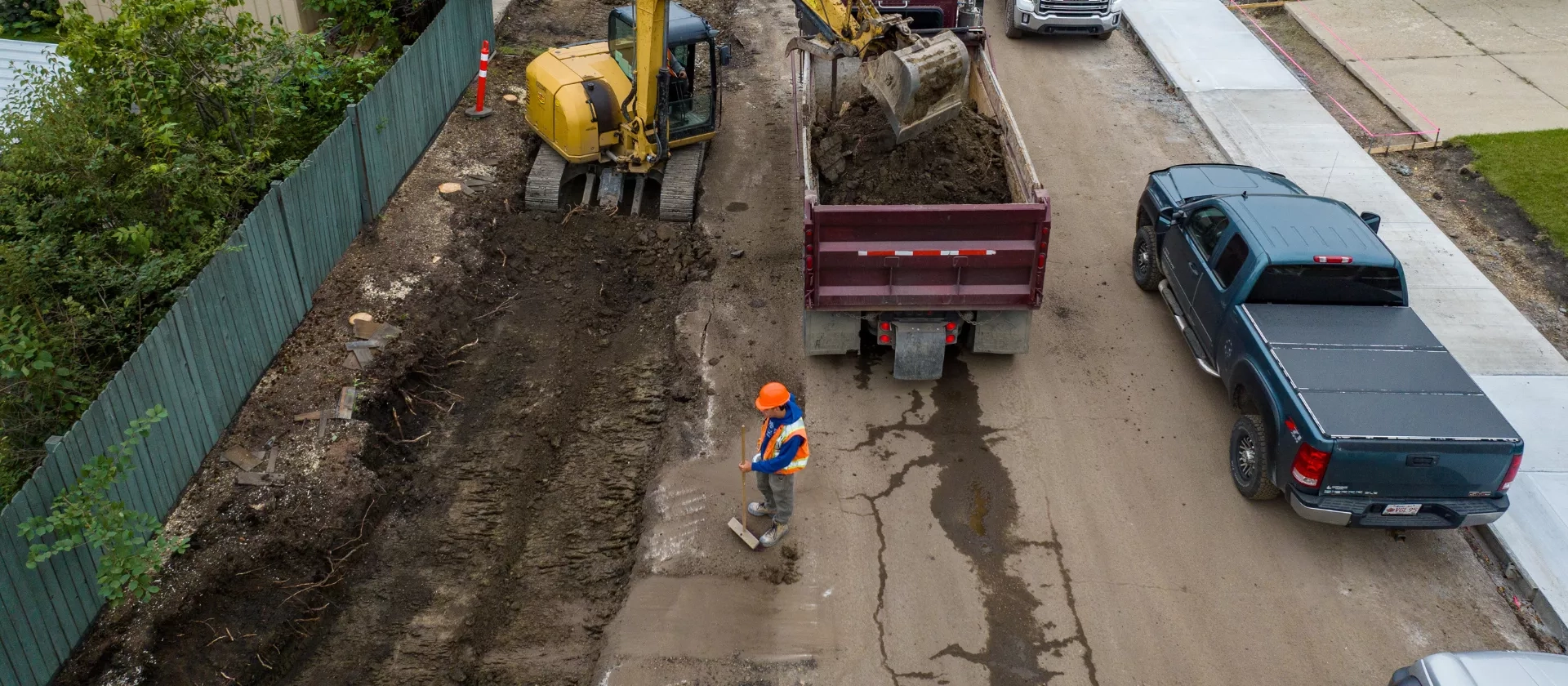 View of Standard General Edmonton crew performing road work in the Meyokumin neighbourhood of Edmonton.