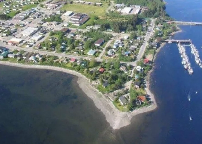 Arial view of the remote village of Masset in Northern British Columbia. 