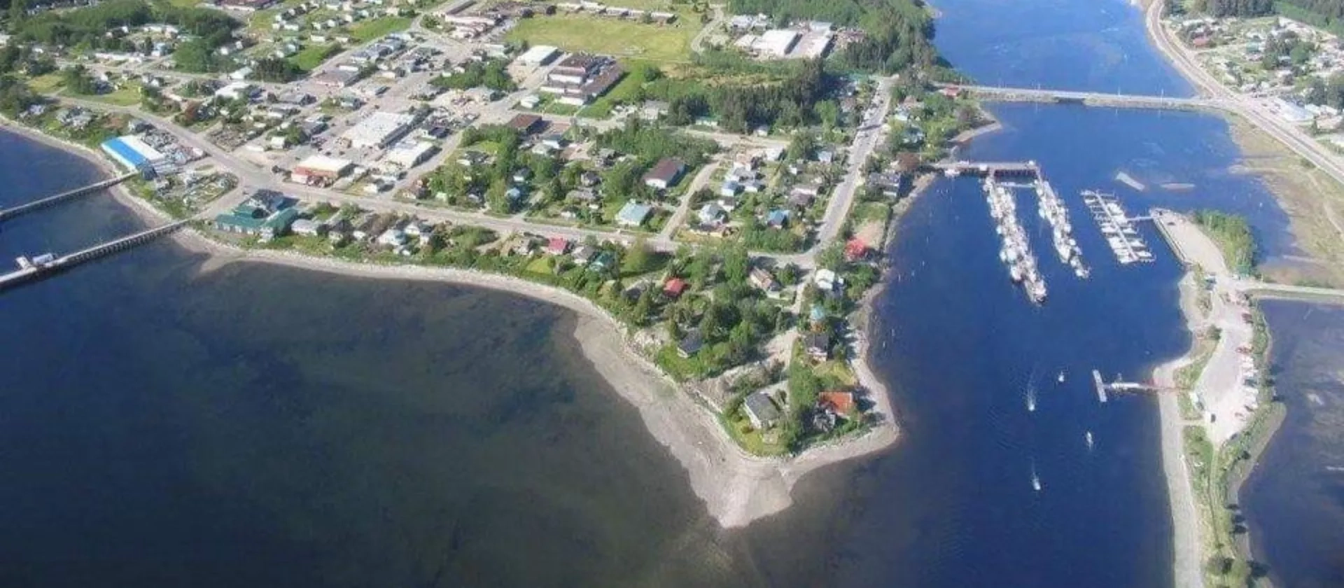Arial view of the remote village of Masset in Northern British Columbia. 
