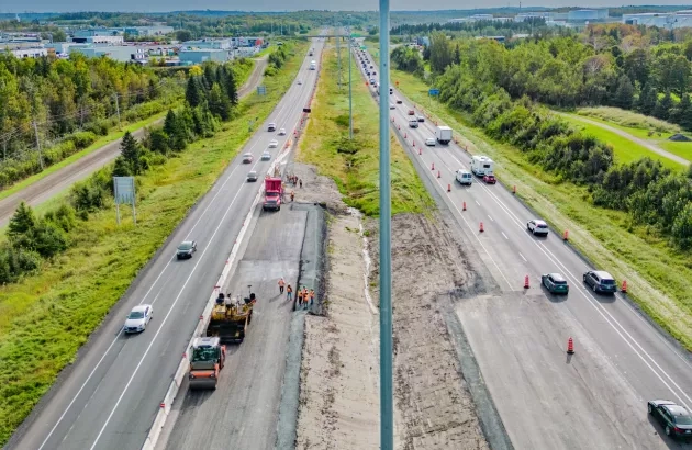 Arial view of Colas Quebec crews performing work on the widening of Highway 20.