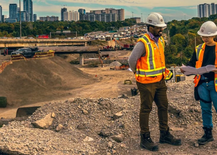 Arial view showing an engineer and a trainee from The Miller Group reviewing documents on the construction site for the 401 Rehabilitation
