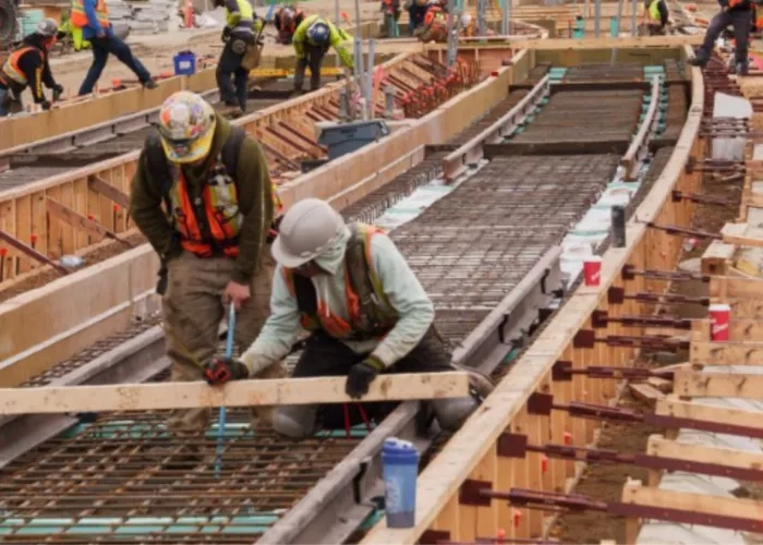 Framing crews working on track supports for the Edmonton Valley Line West LRT project. 