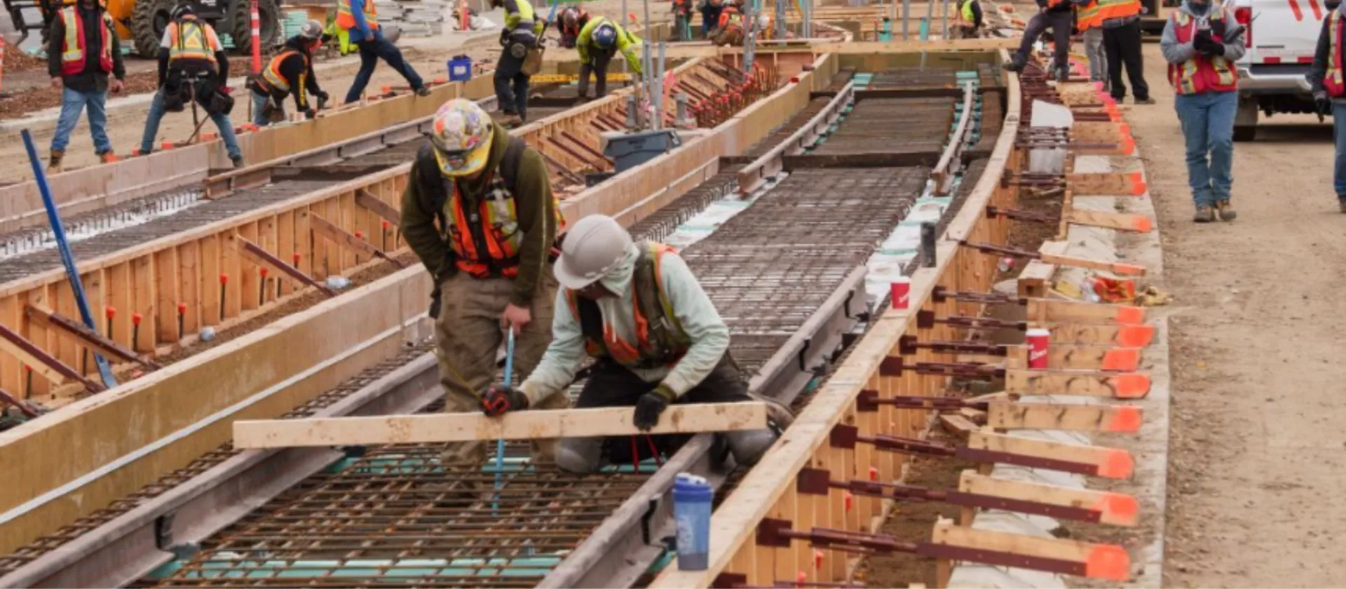 Framing crews working on track supports for the Edmonton Valley Line West LRT project. 