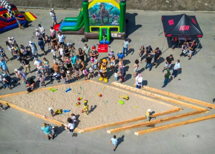 Arial view of employees and their families at a company picnic event