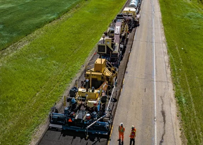 Arial view of a cold-in-place train working on the Highway 33 project.
