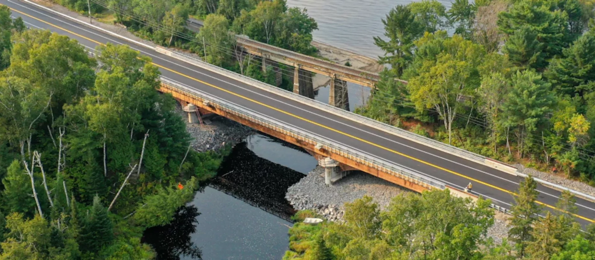 Arial view of the Duchensay Creek Bridge, connecting North Bay, Ontario to the Nipissing First Nation. 